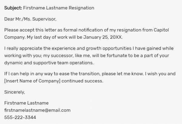 Email resignation letter sample