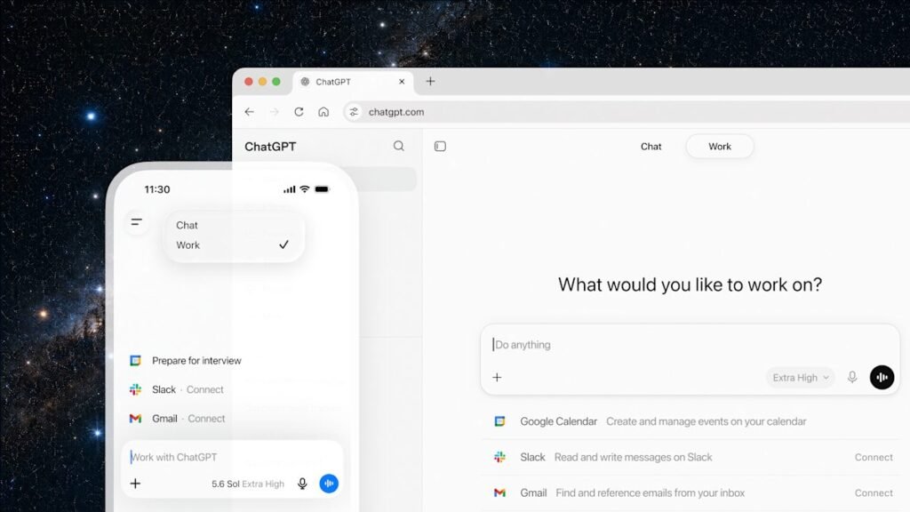 ChatGPT Work agent shown across desktop and mobile with connected apps