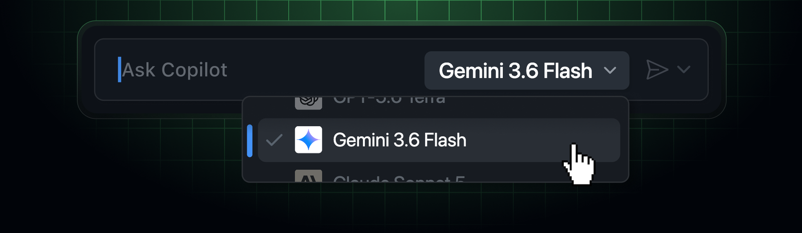 Gemini 3.6 Flash selected in the GitHub Copilot model picker