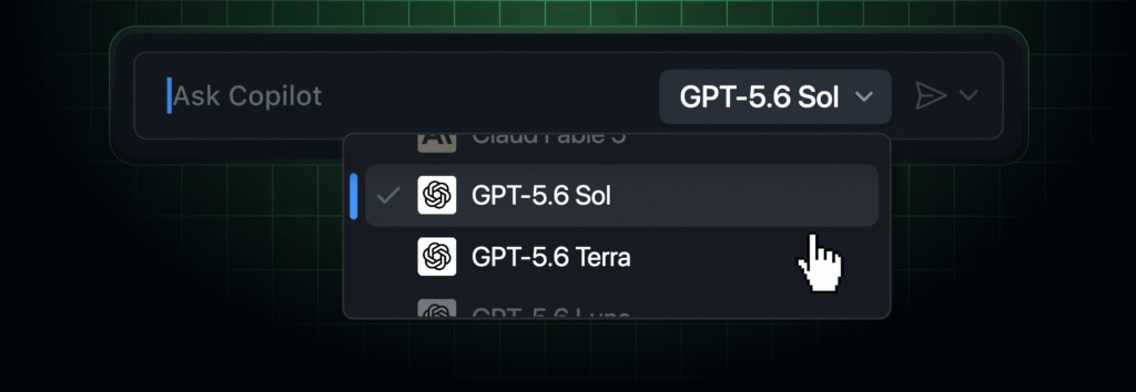 GitHub Copilot model picker showing GPT-5.6 Sol, GPT-5.6 Terra and GPT-5.6 Luna