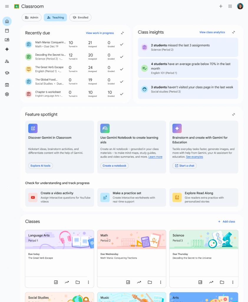 New Google Classroom homepage teacher dashboard rolling out July 27, 2026
