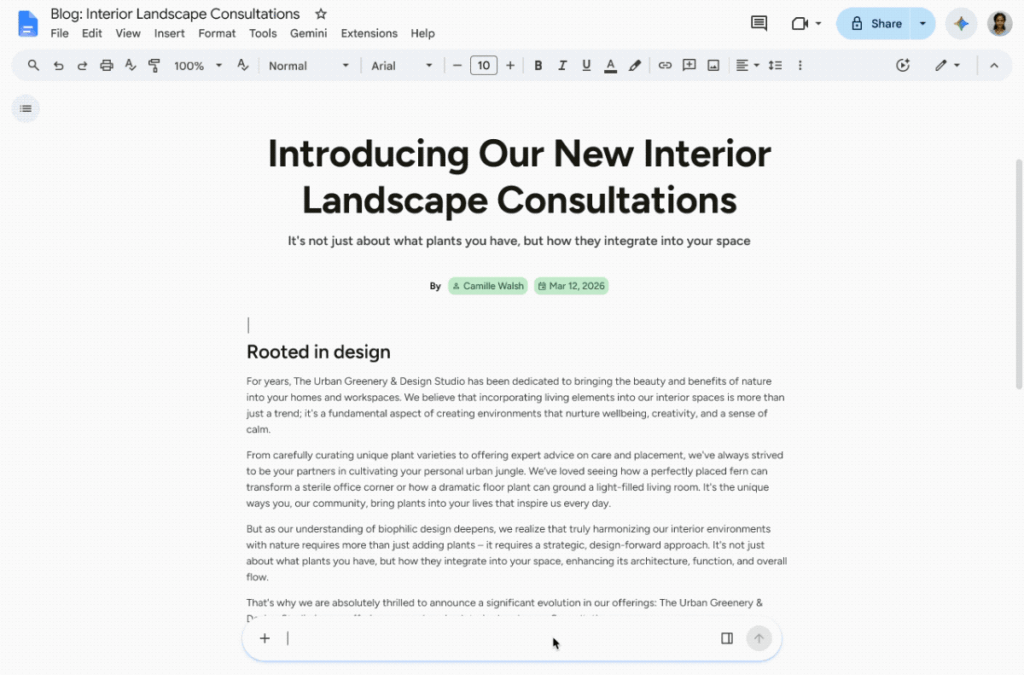 Gemini creating and editing visuals directly in Google Docs