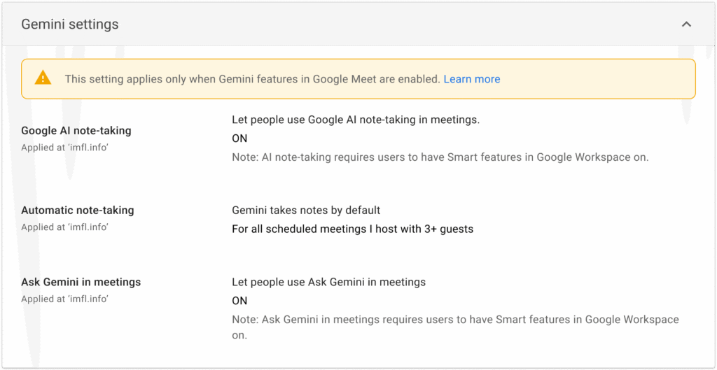 Google Meet automatic note-taking setting for meetings with three or more participants