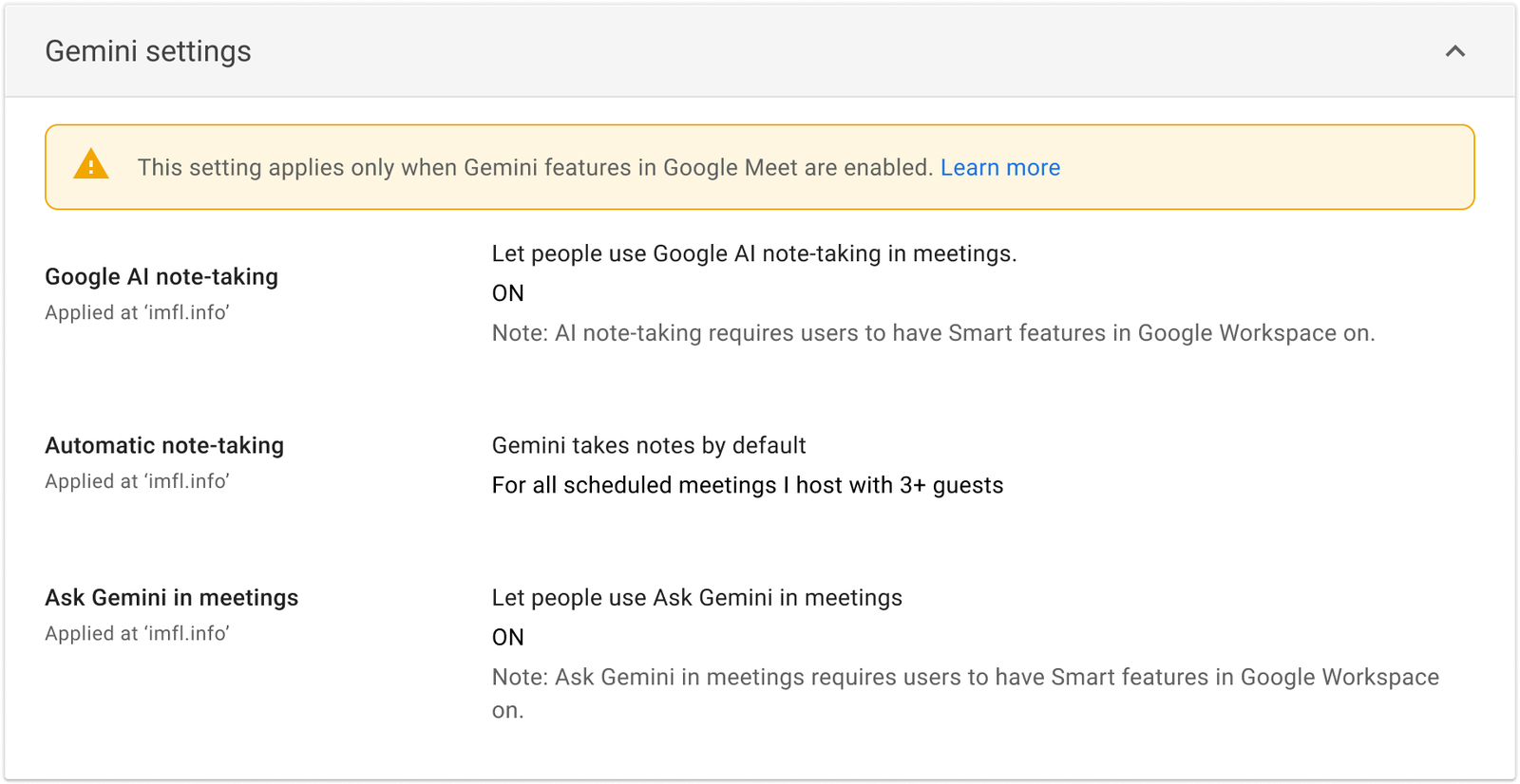 Google Meet automatic note-taking setting for meetings with three or more participants