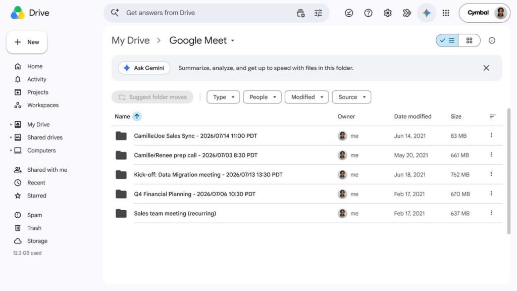 Google Meet folder organizing meeting notes, transcripts and recordings in Google Drive