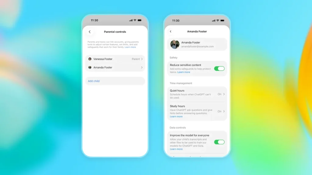 ChatGPT for Teens parental controls settings for study hours, quiet hours and data controls