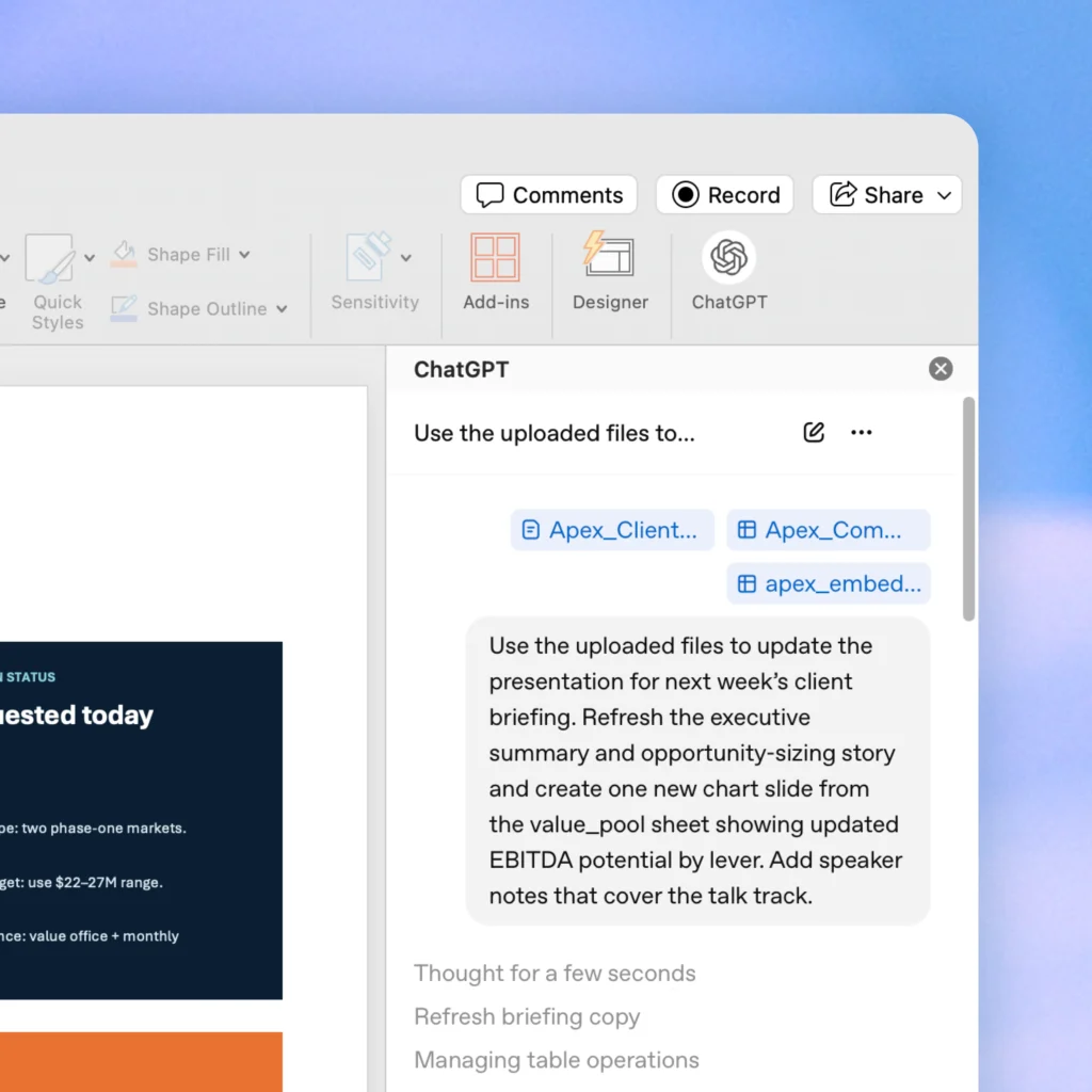 ChatGPT for PowerPoint editing a presentation in the PowerPoint sidebar