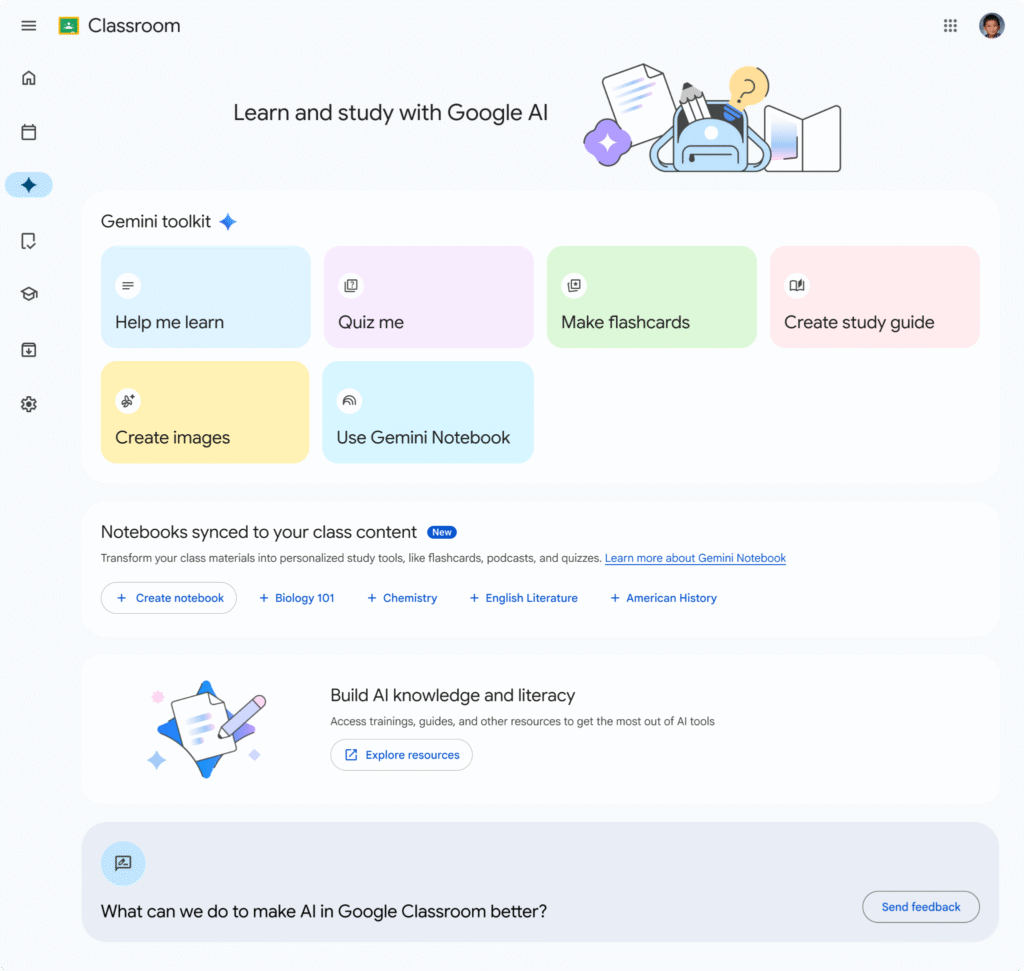 Gemini in Google Classroom student tab for creating flashcards and practice quizzes