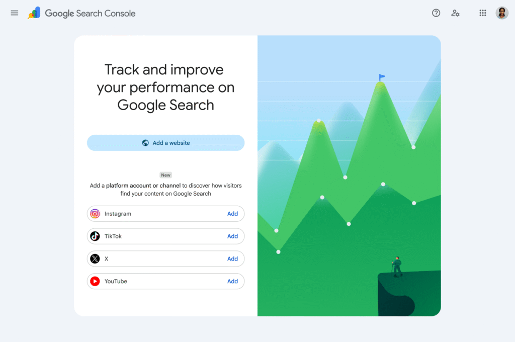 Google Search Console Add property screen with Instagram, TikTok, X and YouTube platform options