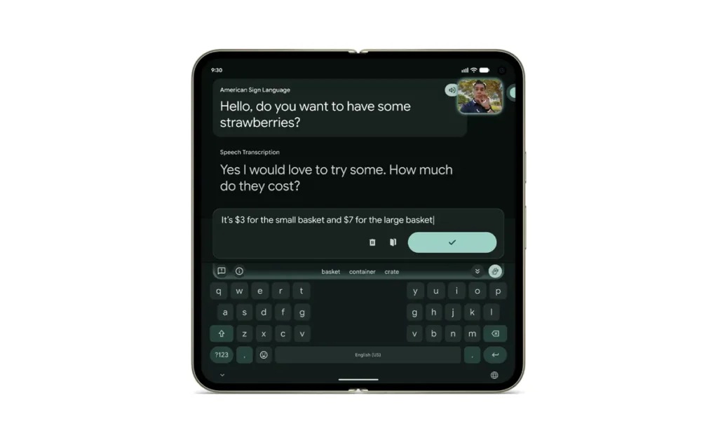 Pixel 11 displaying ASL sign-to-text translation in Live Transcribe