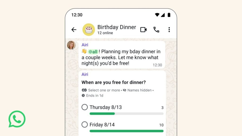 WhatsApp group chat showing new @all mention and poll features