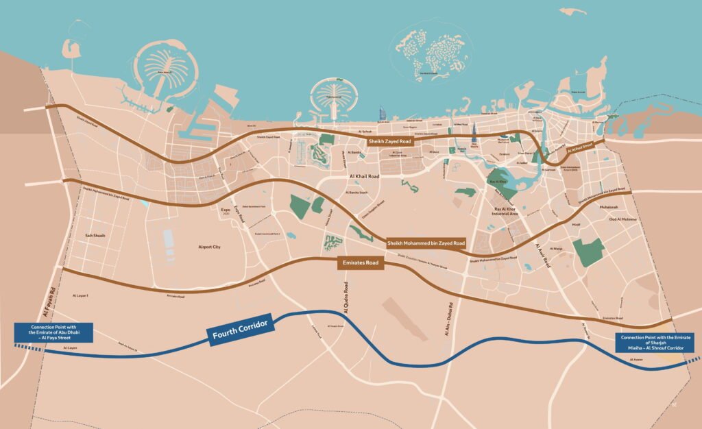 Official aerial rendering of Dubai New Fourth Corridor road project