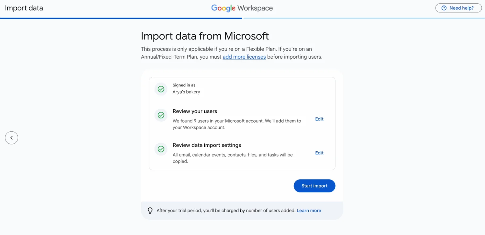 Microsoft 365 users and data import during Google Workspace setup