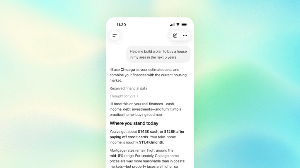 ChatGPT Finances dashboard available to Free and Go users in the United States