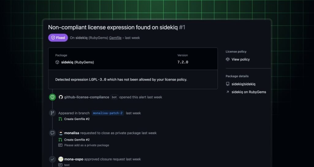 GitHub open source license compliance pull request alert and approval timeline